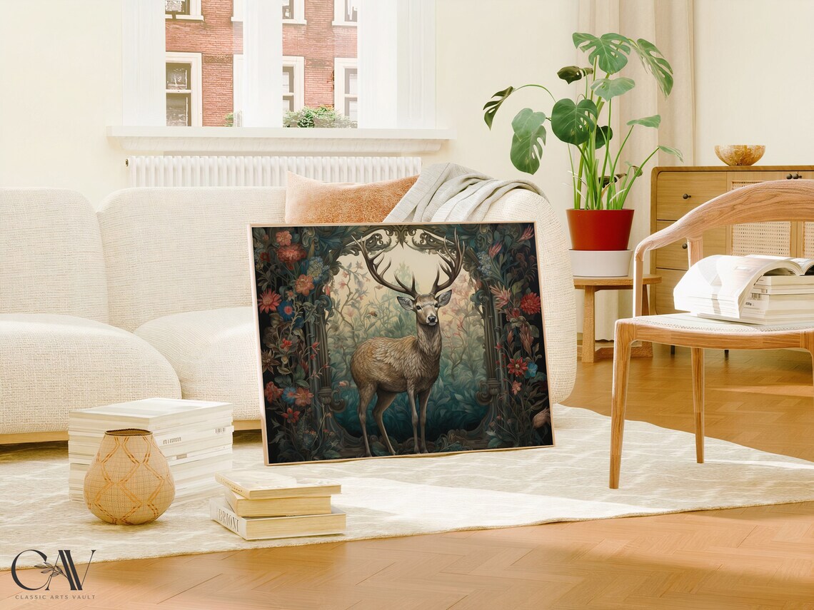 Majestic Stag Deer With Antlers In Dark Floral Woodland Poster