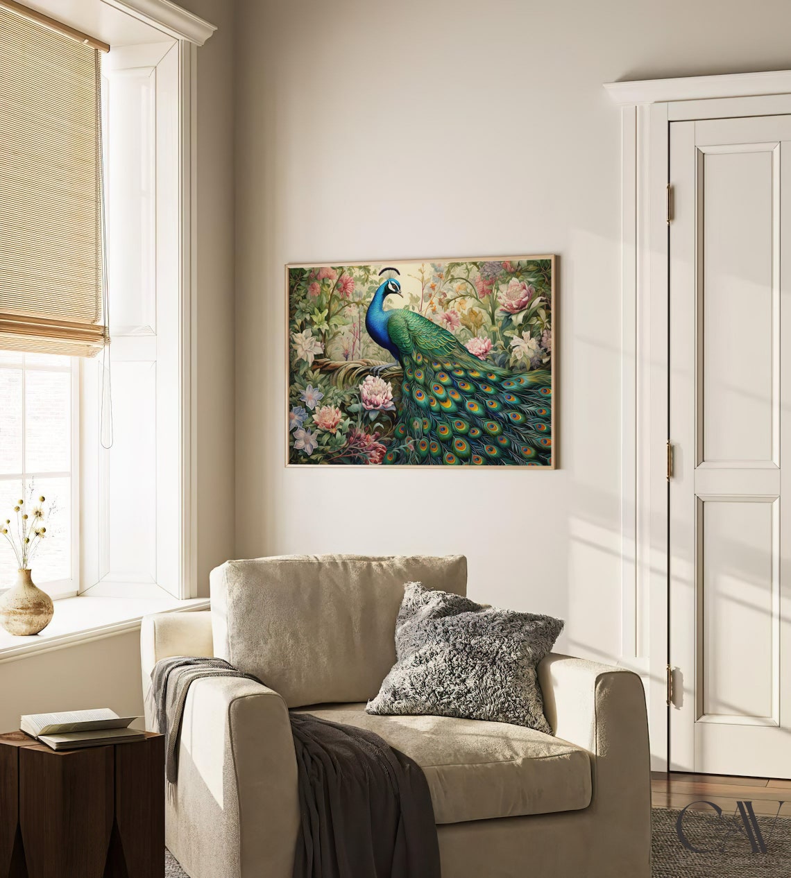 Peacock Displaying Tail In Soft Romantic Flower Garden Poster - Image 3