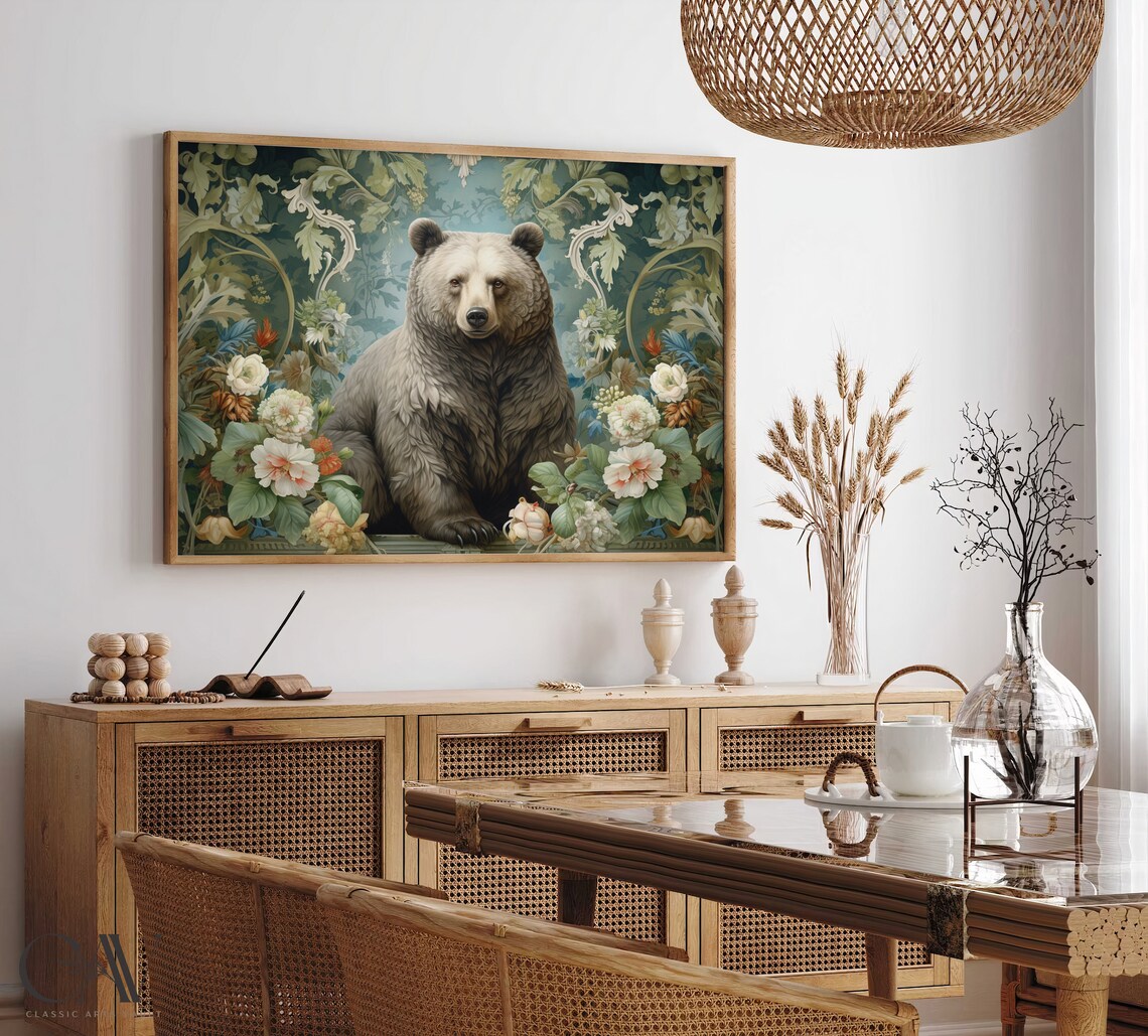 Gray Bear Portrait Among Flowers Vintage Botanical Animal Poster - Image 4