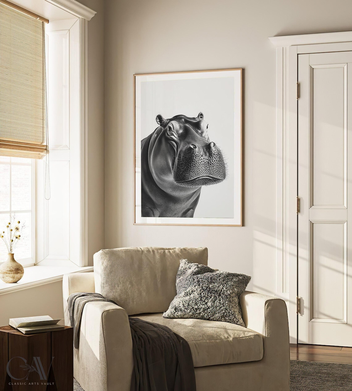 Hippo Close Up Head Portrait in Black and White Minimalist Animal Poster - Image 3