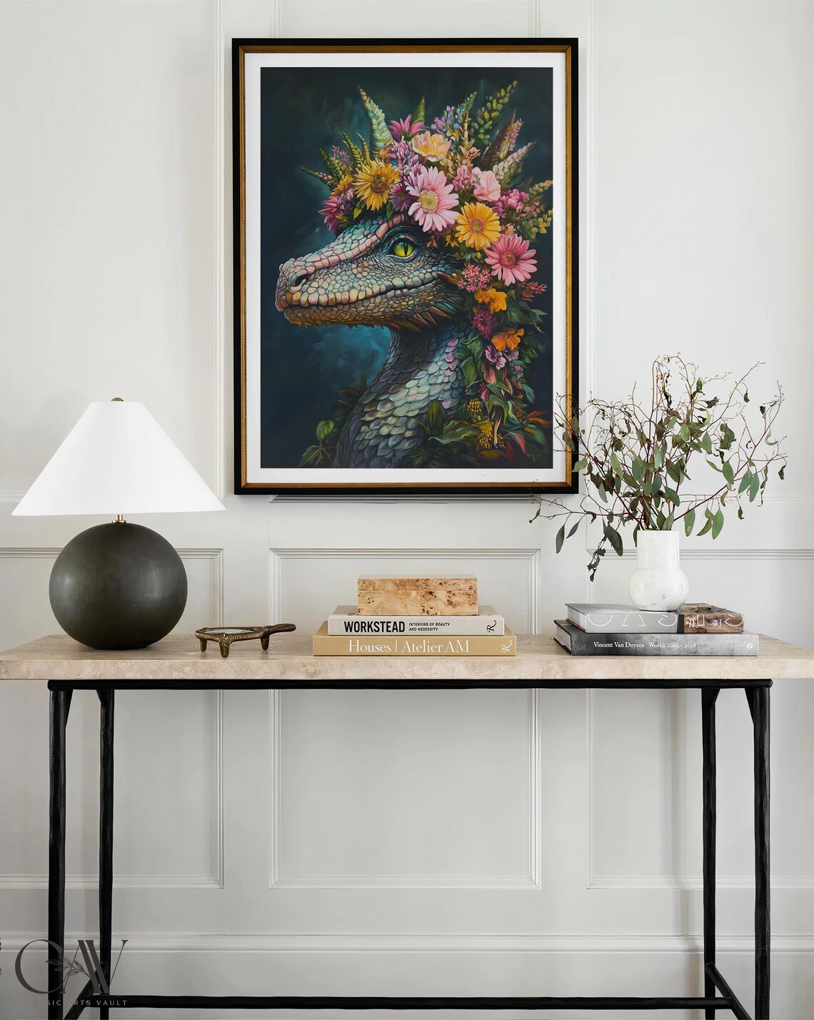 Green Dragon Portrait With Vibrant Floral Crown Fantasy Art Poster - Image 3