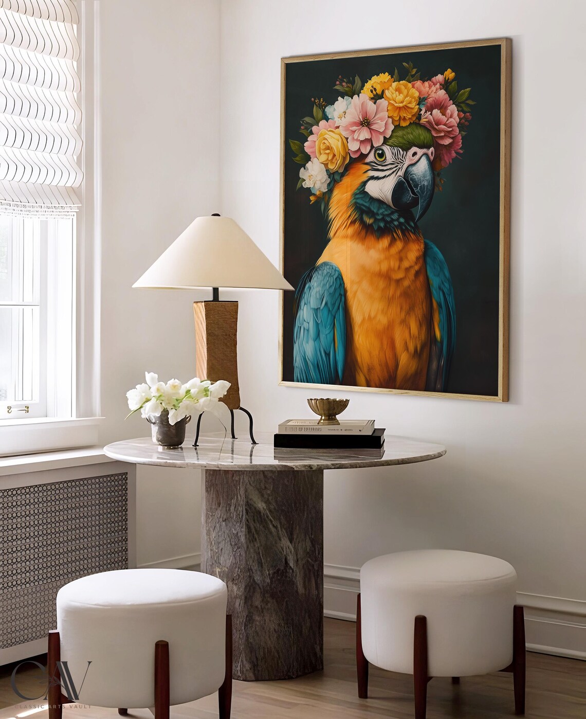 Bright Blue and Gold Macaw Wearing Floral Crown on Dark Art Poster - Image 4