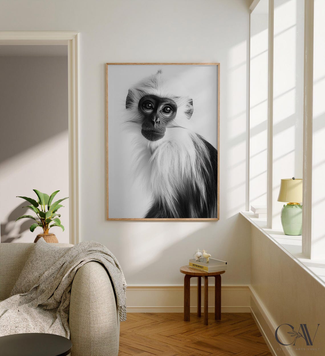 Black and White Monkey Portrait Fluffy Primate Photography Poster - Image 2