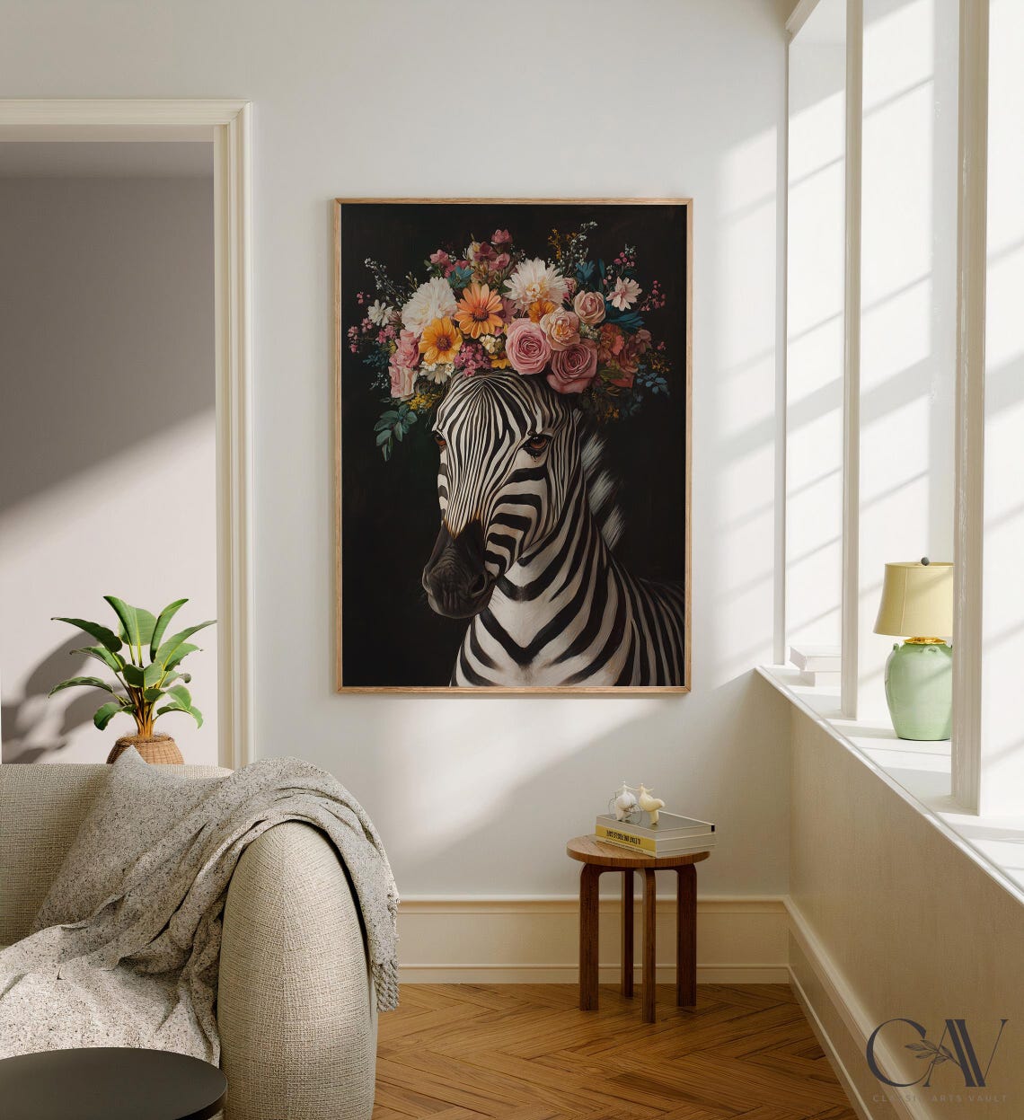 Zebra Flower Crown Maximalist Floral Animal Portrait Wall Art - Image 2