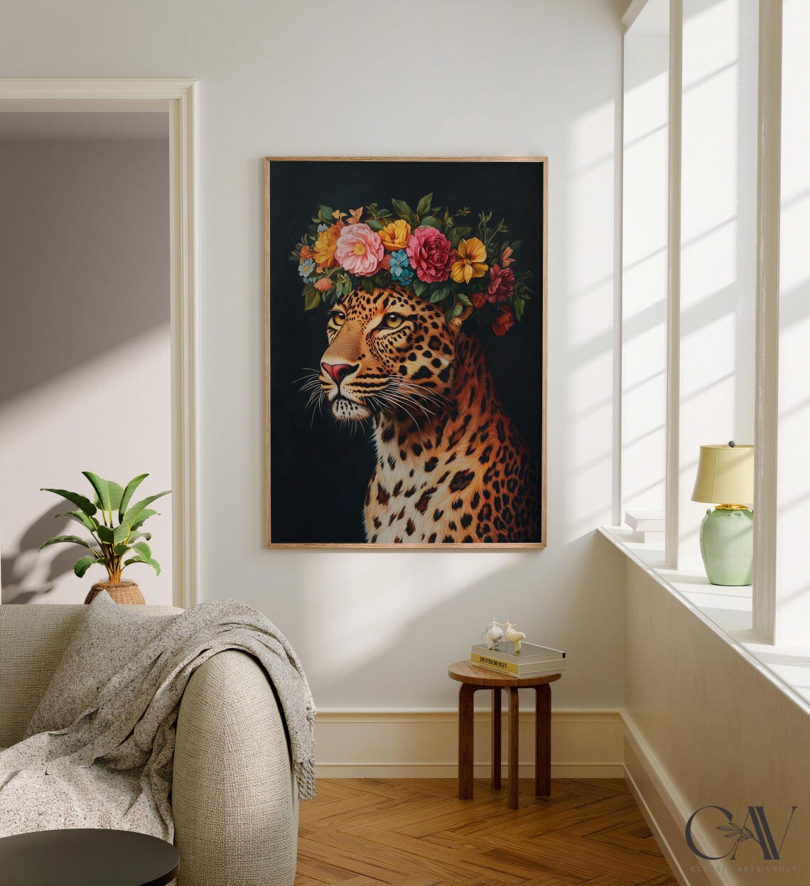 Leopard Portrait With Colorful Flower Crown on Dark Art Poster - Image 2