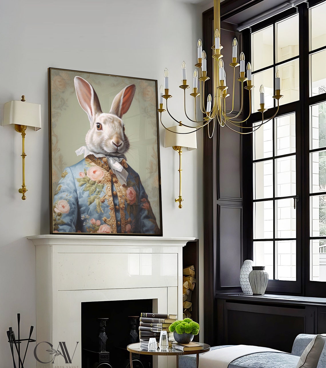 Royal White Rabbit Renaissance Portrait Fancy Blue Coat Wall Art - Image 4