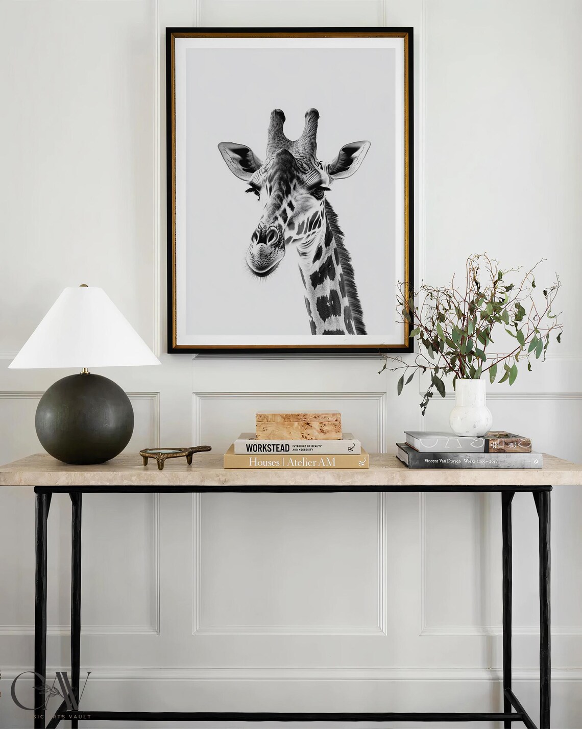 Giraffe Head Portrait in Black and White Minimalist Elegant Animal Poster - Image 3