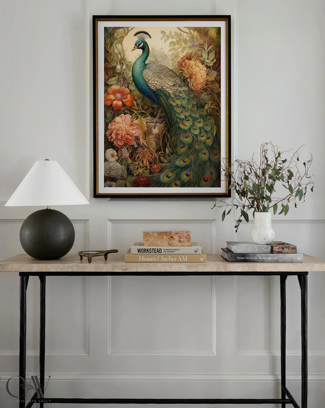 Peacock on Rock Among Tropical Flowers Vintage Botanical Poster - Image 4
