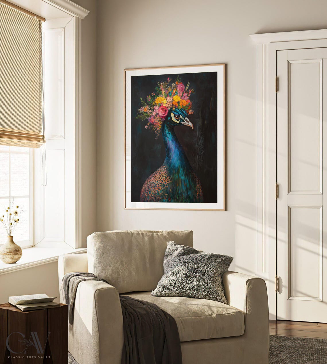 Iridescent Peacock Head With Flower Crown on Deep Teal Art Poster - Image 2