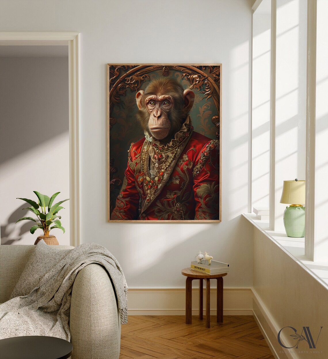 Monkey in Red Silk Brocade Coat with Ruff Collar Aristocrat Portrait Poster - Image 2