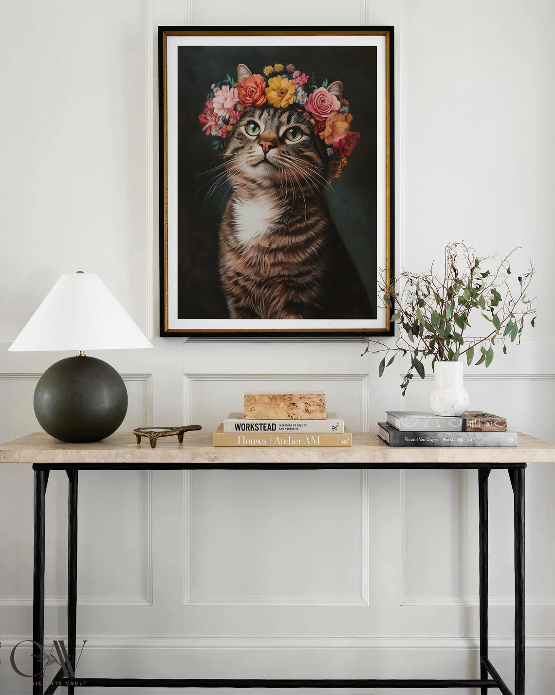 Tabby Cat Wearing a Colorful Flower Crown Moody Portrait Poster - Image 2