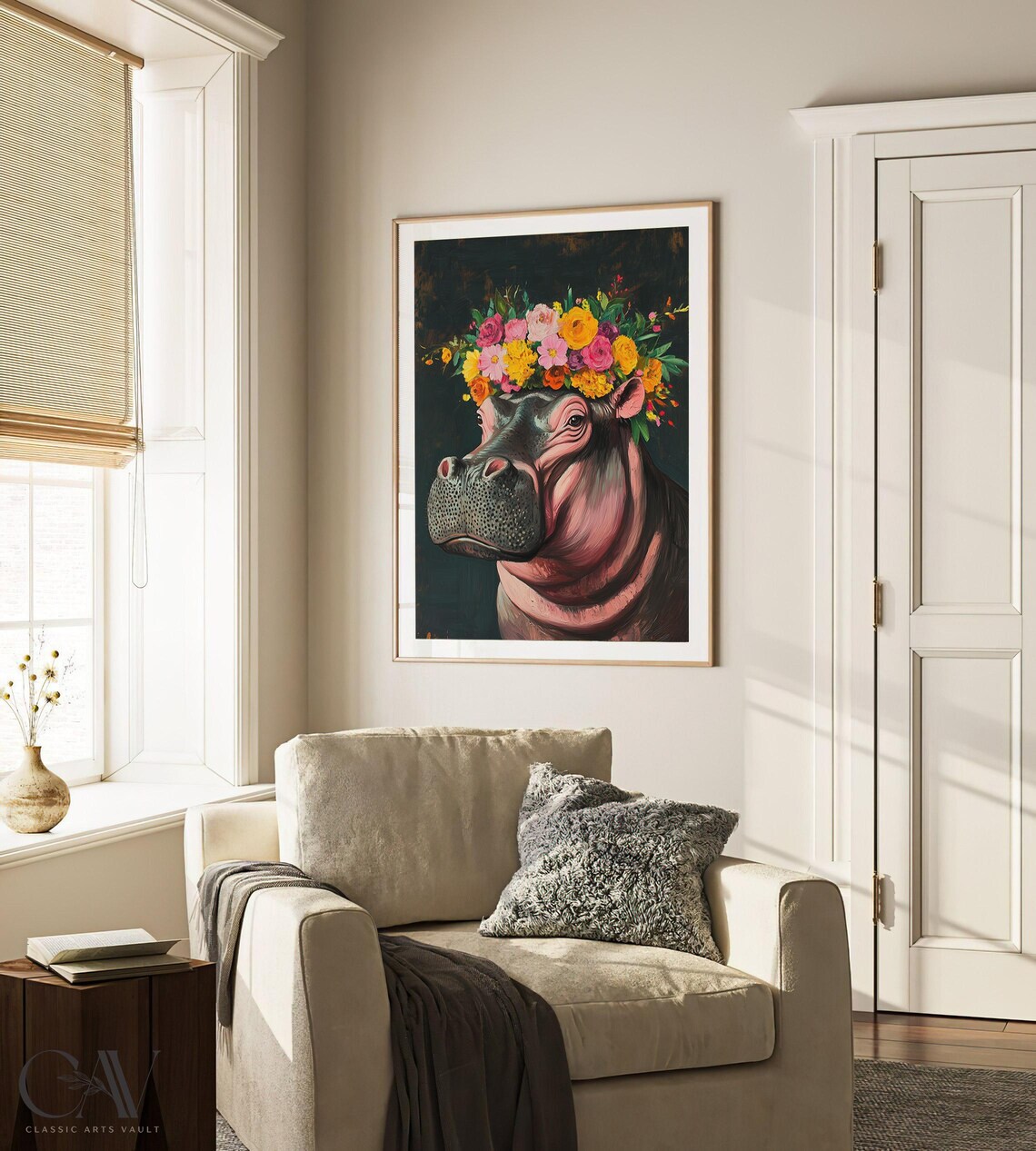 Hippopotamus Wearing Flower Crown Dark Humorous Portrait Poster - Image 3