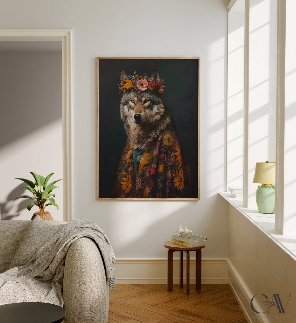 Wolf Flower Crown Maximalist Floral Robe Animal Portrait Wall Art - Image 2