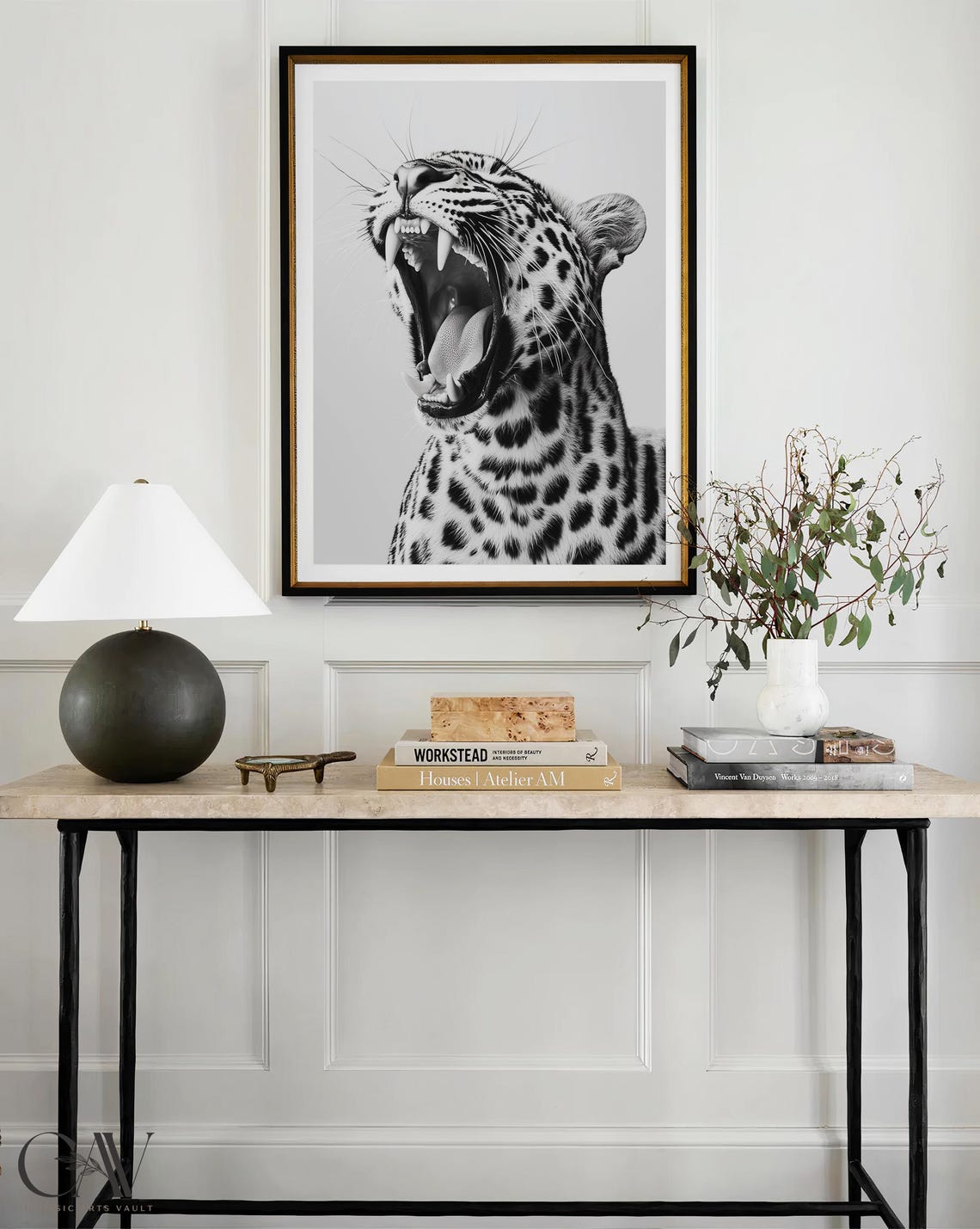 Roaring Leopard Black and White Wild Cat Photography Wall Art - Image 4