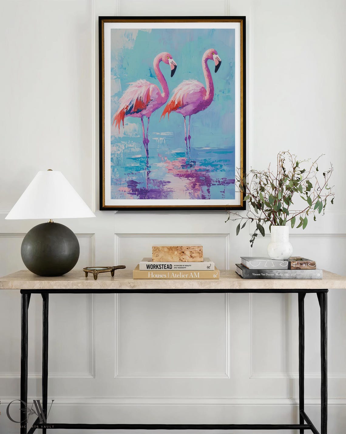 Pink Flamingos Pair Turquoise Water Modern Painterly Art Poster - Image 4