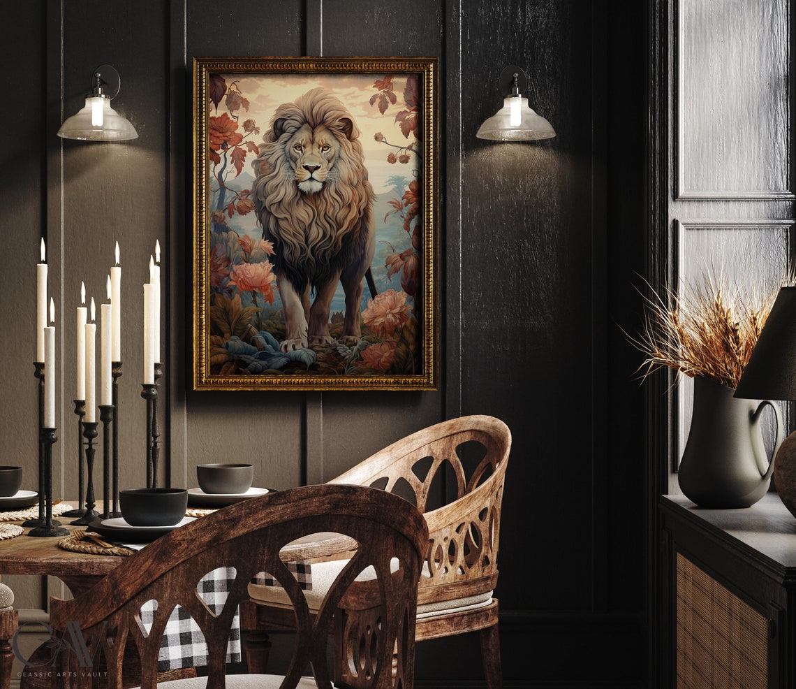 Majestic Lion Standing in Autumn Foliage Golden Framed Poster
