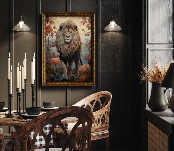 Majestic Lion Standing in Autumn Foliage Golden Framed Poster