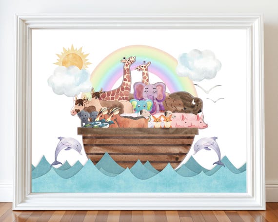 Noahs Ark Nursery Print Soft Pastel Animals Christian Decor