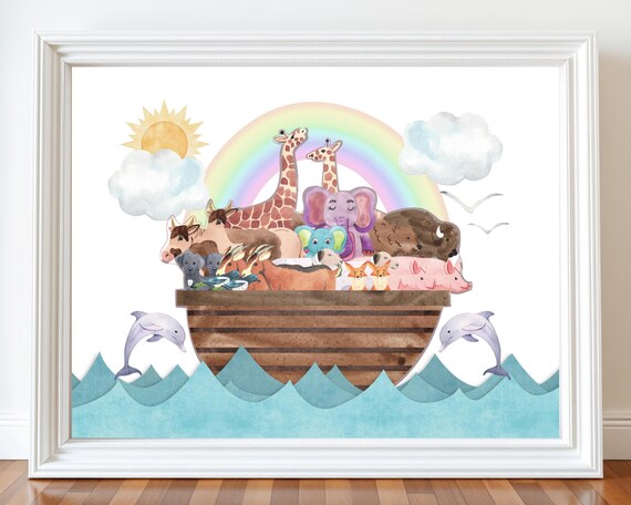 Noah's Ark Watercolor Animals Rainbow Nursery Christian Poster