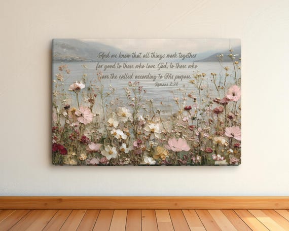 Romans 8:28 Scripture Art, Vintage Floral Landscape