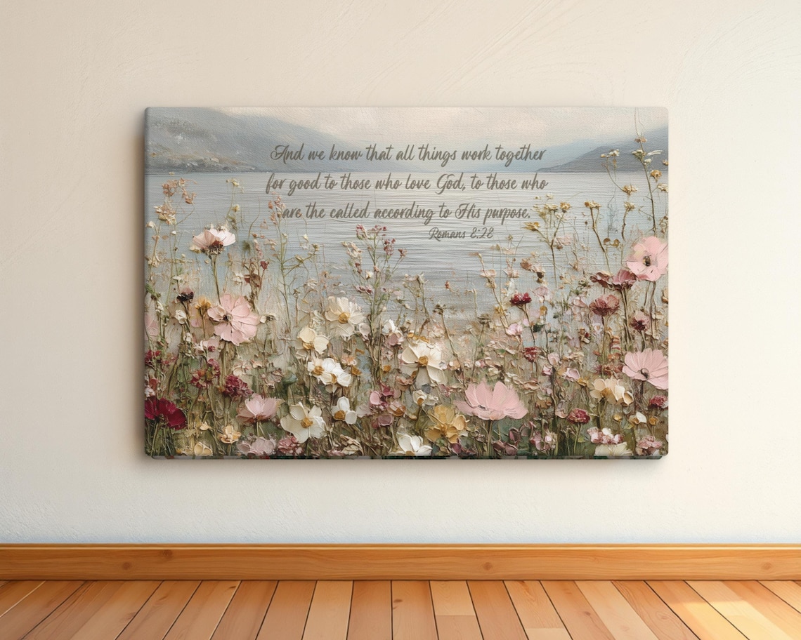 Romans 8:28 Scripture Art, Vintage Floral Landscape