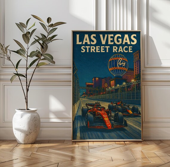 Las Vegas Street Race Red F1 Car Night Neon Retro Motorsport Art Poster