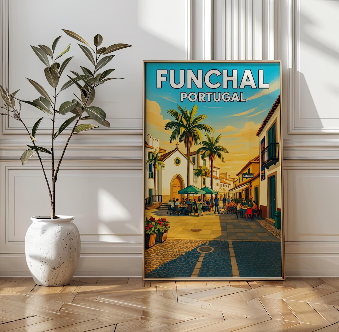 Sunny Funchal Portugal Street Cafe Palm Vintage Travel Poster