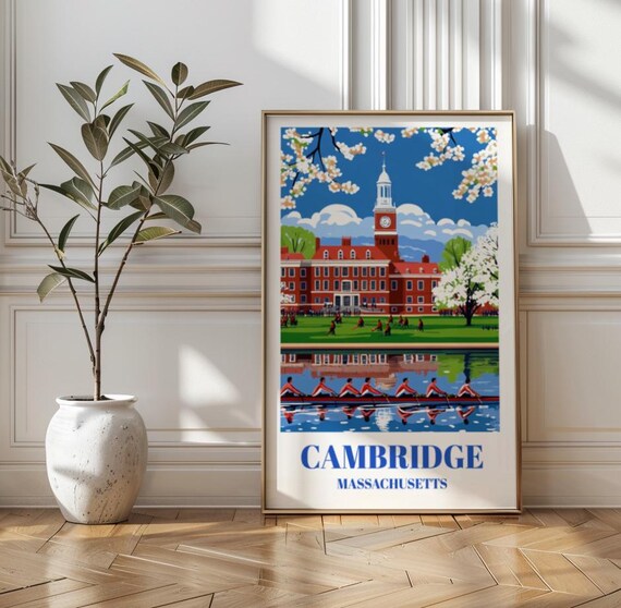 Cambridge Massachusetts Clock Tower Cherry Blossom Rowing Travel Poster