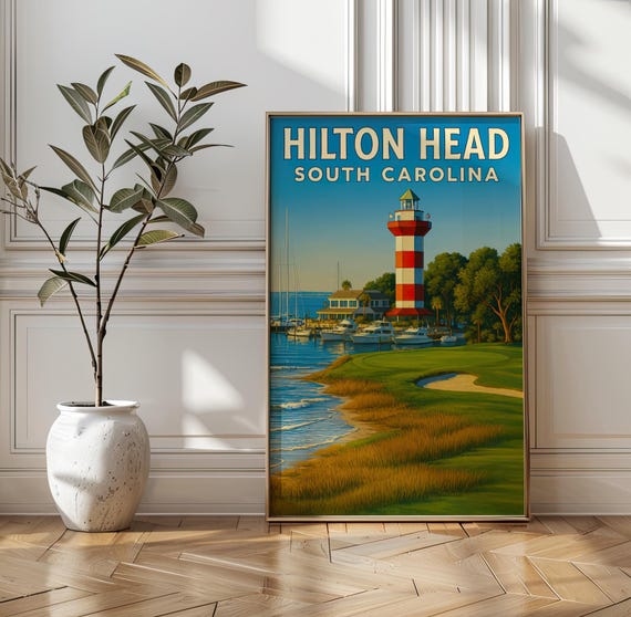 Hilton Travel Poster Harbour Town Lighthouse Coastal Golf Course Art