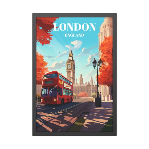 London England Autumn Travel Poster with Big Ben and Red Bus Art