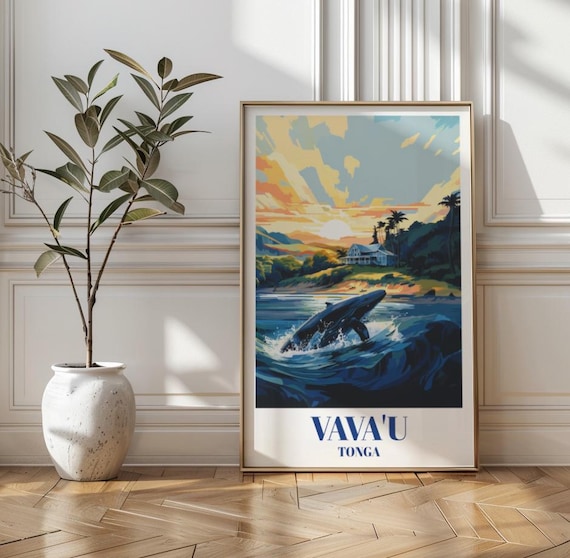 Vava'u Tonga Humpback Whale Breach Tropical Sunset Travel Poster