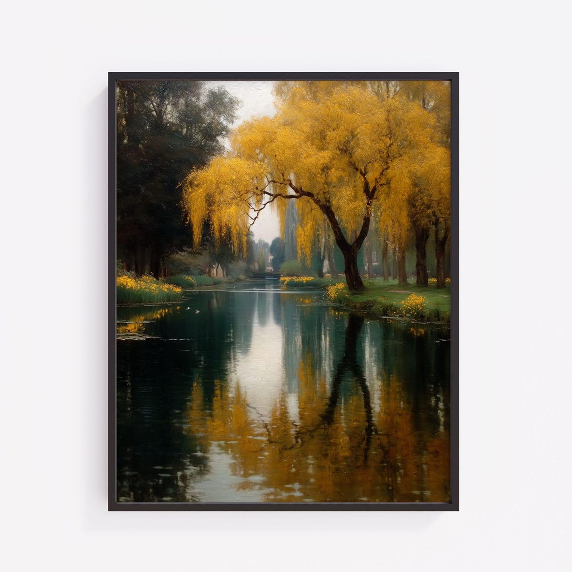 Golden Willow Trees by Pond Autumn Reflection Landscape Painting Print