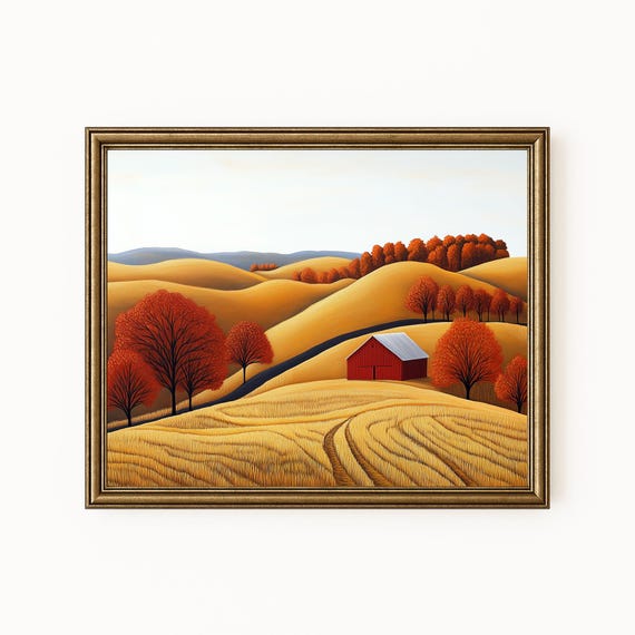 Rustic Autumn Landscape Print Golden Wheat Fields Red Barn H327