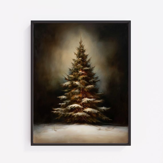 Moody Christmas Tree In Snowy Mist Rustic Winter Art Cozy Festive Scene Atmospheric Landscape Neutral Holiday 442