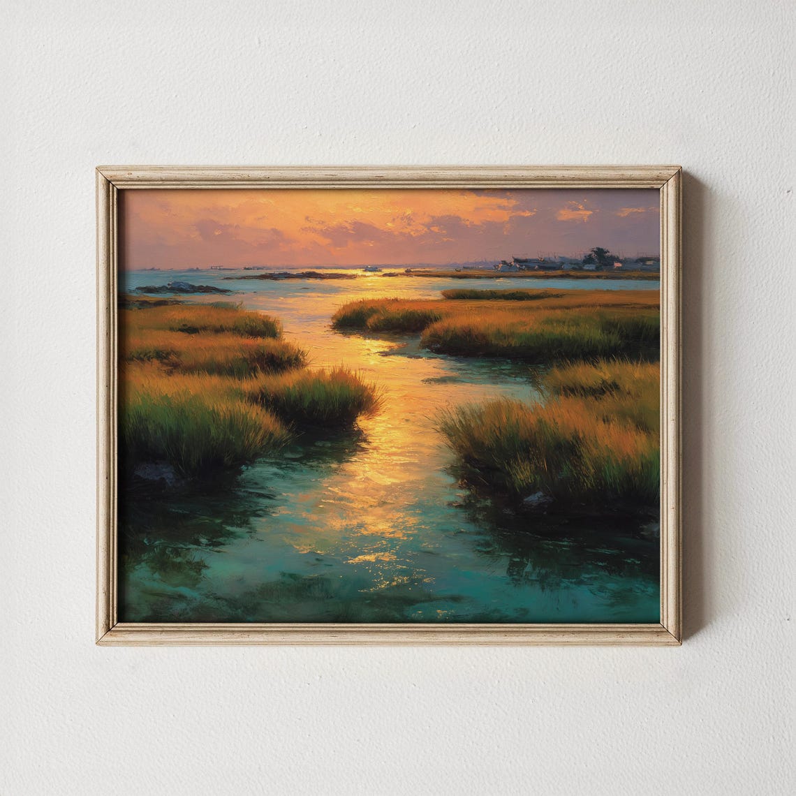 Golden Hour Marsh Channel Sunset Reflections Serene Coastal Wall Art
