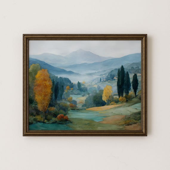 Autumn Mountain Valley Watercolor Print Rustic Landscape Art