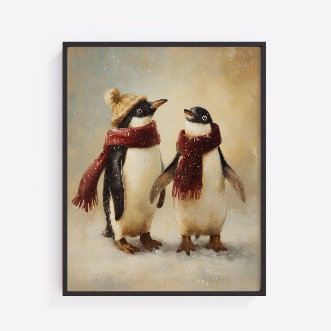 Two Penguins Red Scarves Snowy Winter Adorable Vintage Style Poster