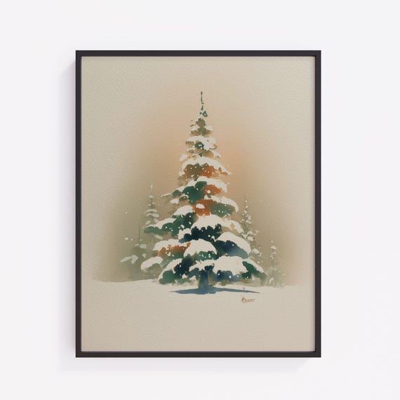 Cozy Christmas Tree Print Festive Winter Wall Art Minimalist Snowy Landscape Neutral Watercolor