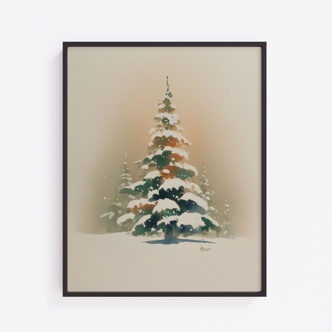 Cozy Christmas Tree Print Festive Winter Wall Art Minimalist Snowy Landscape Neutral Watercolor