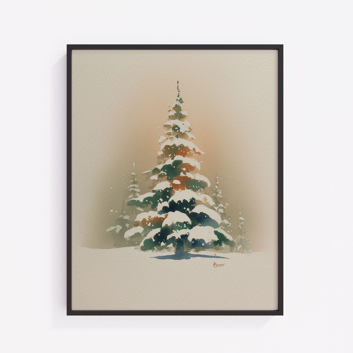 Snowy Christmas Tree Minimal Watercolor Winter Holiday Neutral Wall Print