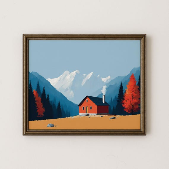 Rustic Log Cabin Autumn Landscape Print Vintage Wall Art