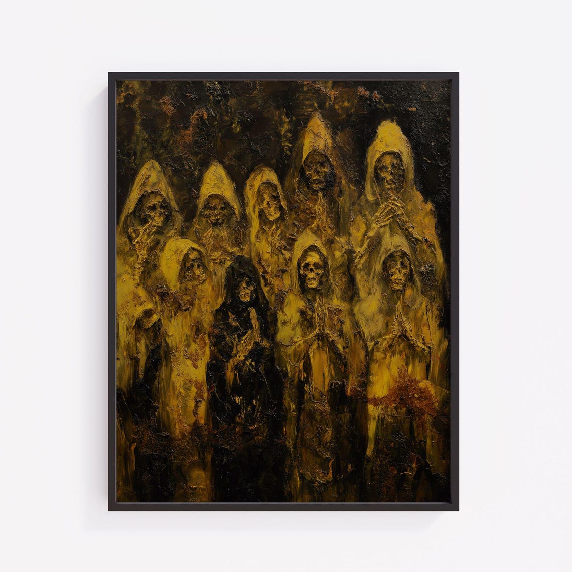 Gothic Hooded Skull Figures Praying Dark Chapel Haunting Art Poster