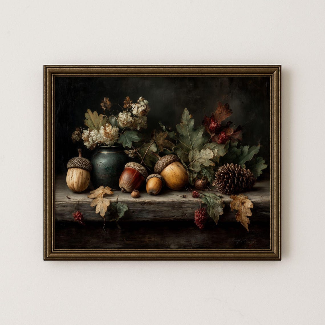 Dark Moody Acorns Pinecone and Autumn Still Life Botanical Art Poster