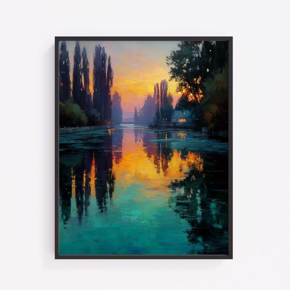 Lakeshore Dawn Art Print Amber Russet Sky Landscape