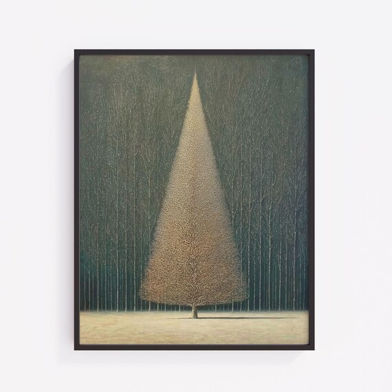 Lone Golden Tree Dark Forest Minimalist Pointillist Wall Art