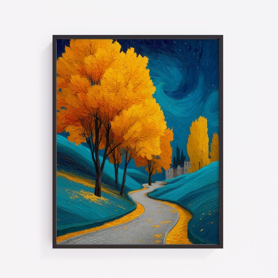 Autumn Path With Golden Maple Trees Vibrant Fall Landscape Art Scenic Wall Decor Rustic Nature Painting Cozy 188
