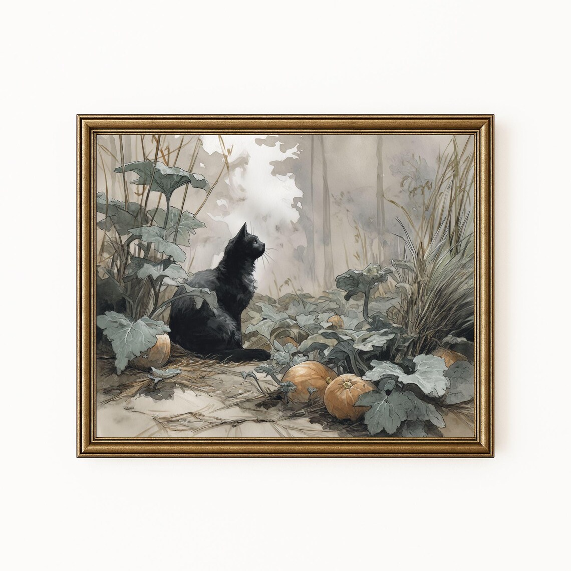 Black Cat Autumn Pumpkin Patch Art Vintage Halloween Decor