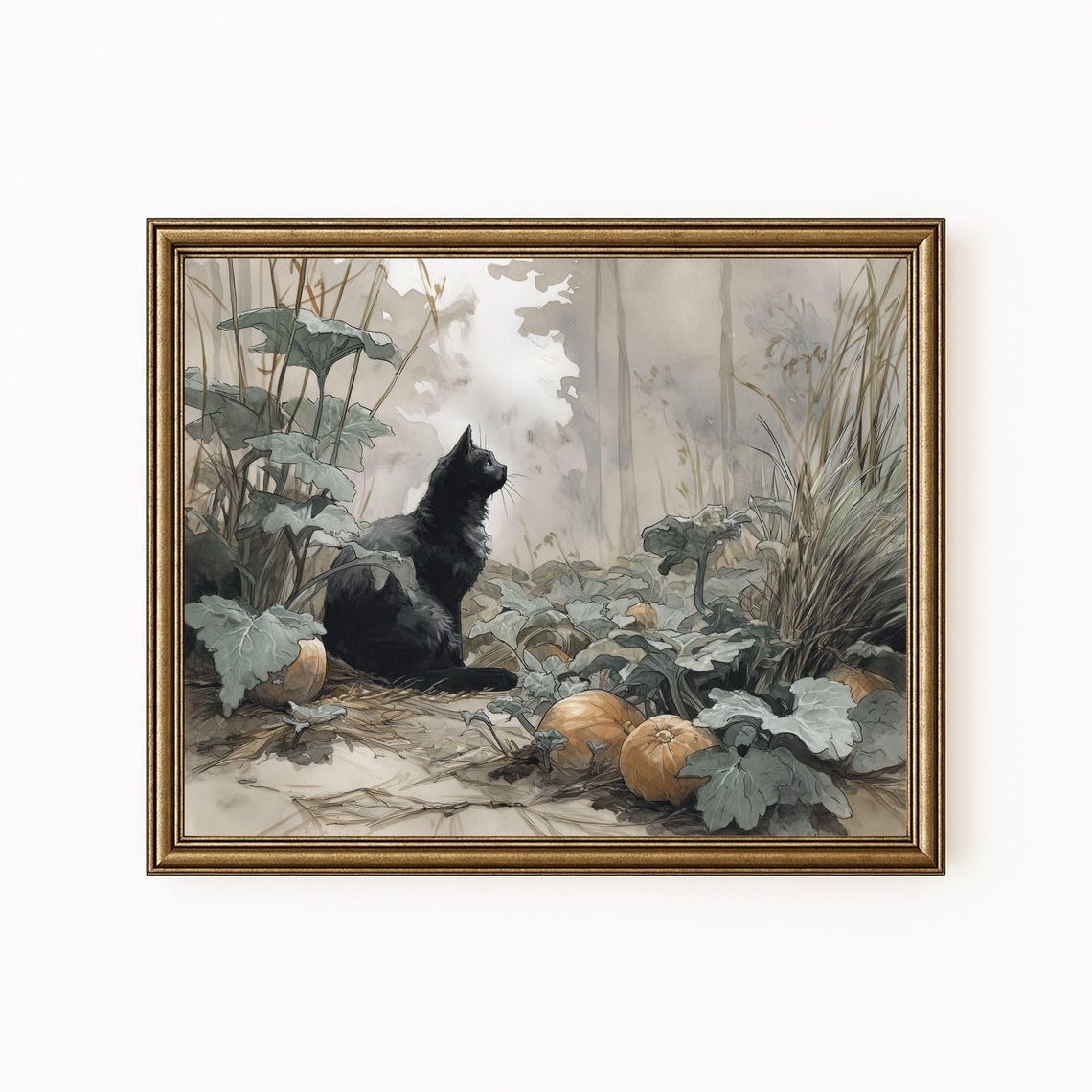 Black Cat Pumpkin Patch Autumn Watercolor Fall Halloween Poster