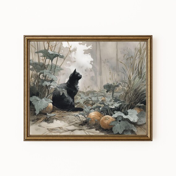 Black Cat Autumn Pumpkin Patch Art Vintage Halloween Decor