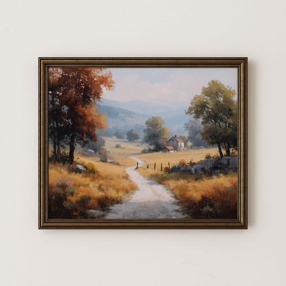 Autumn Country Road Painting Vintage Farmhouse Landscape